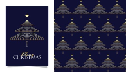 Luxury Golden Line Art Christmas Tree Greeting Card Template and Seamless Pattern Vector Set. Minimalist, Elegant Festive Design on a Dark Blue Background for Seasonal Holiday Projects