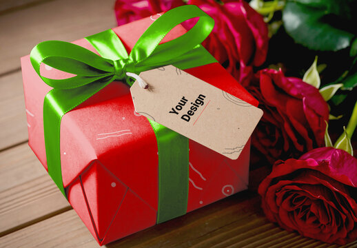 Colorful Gift Box Mockup With Ribbon And Tag