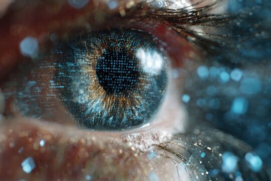 Macro shot of an eye with digital enhancements, including binary code and bokeh effect