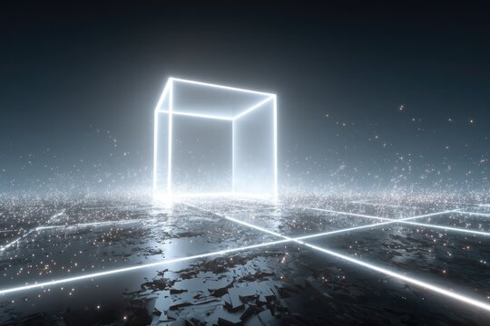 An illuminated neon cube floats above a reflective, abstract surface with glowing particles