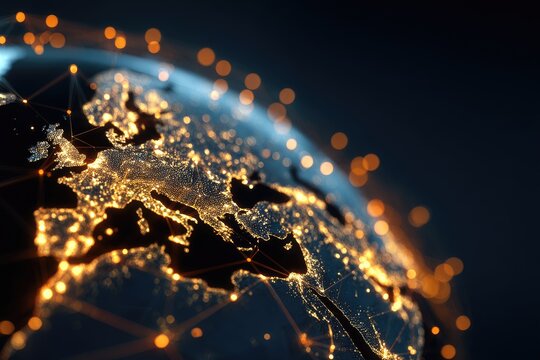 Illuminated globe showing Europe and Africa, with connections and a dark backdrop