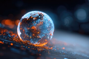 A digital globe made of lights floating above a dark surface, highlighting interconnectedness