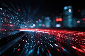 Dynamic abstract image showcasing blurred light streaks moving toward city buildings at night