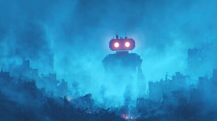 Giant robot stands amidst a foggy cityscape glowing eyes illuminate the digital artwork