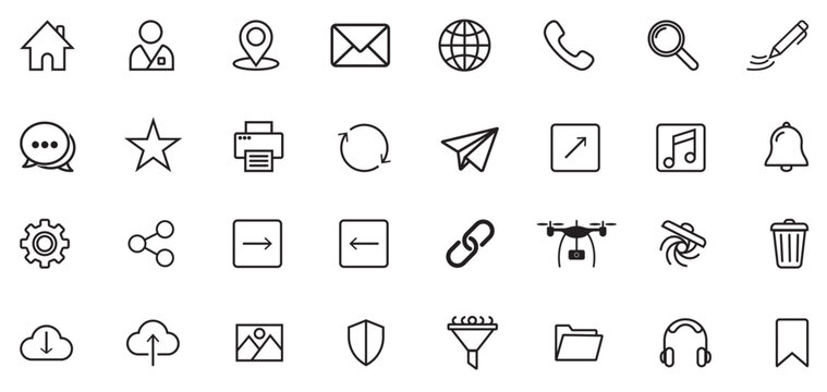 Contact icon set line style vector for website and business. Communication icon pack with home phone email location address internet. Contact information web icons set for website and business cards