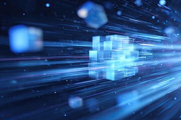 Abstract digital art piece depicts blue cubes with light streaks on a dark background, creating a futuristic effect
