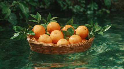 Fresh Oranges in a Woven Basket Surrounded by Crystal Clear Water and Green Leaves