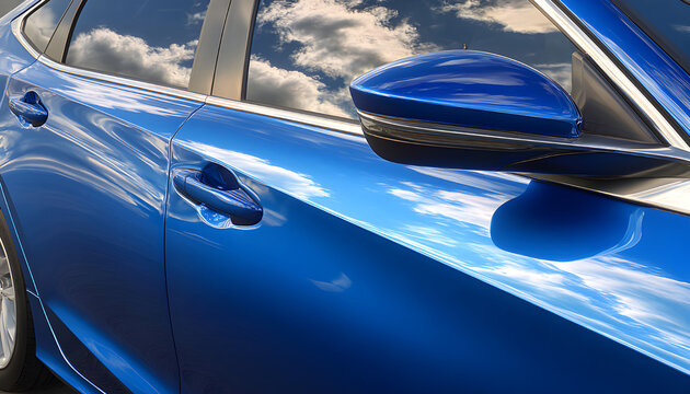 Fototapeta Close-up of a blue car with sky reflections on its glossy surface.
