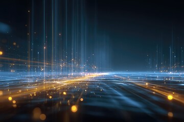 Digital landscape with glowing lines and particles, abstract network and data visualization