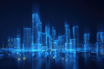 Futuristic city scape illustration rendered with ethereal light and semi-transparent structures