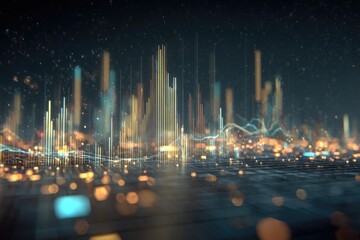 Abstract representation of data, with vertical lines and glowing points in a digital landscape