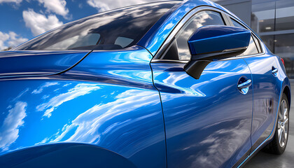 Obraz premium Close-up of a blue car with sky reflections on its glossy surface.