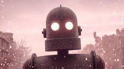 A close up view of a metal robots head and shoulders against a pale background