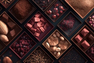 An overhead shot of various chocolate ingredients in square containers