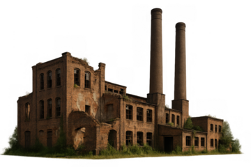 Abandoned old brick factory building with tall smokestacks showing industrial decay, transparent background
