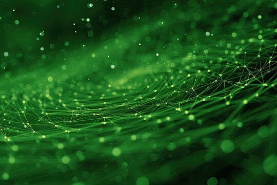 Abstract network of interconnected lines and dots swirls in a green gradient