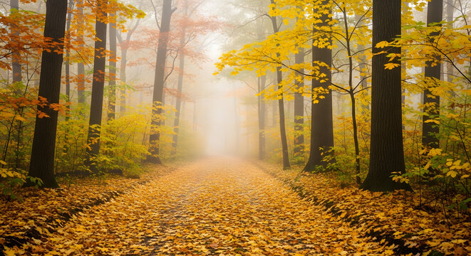 Autumn Forest Path with Wooden Bridge and Golden Sunlight