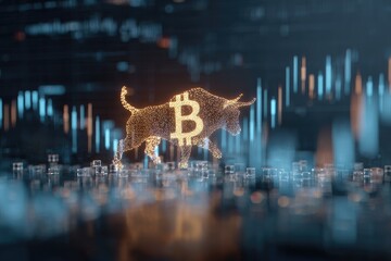 Glowing bull symbol with crypto emblem walks over glass blocks, chart behind