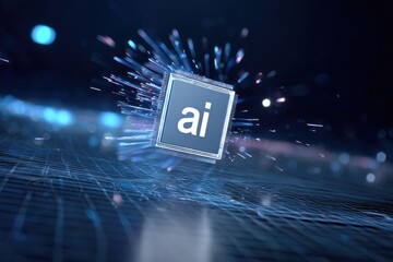 A glowing AI chip floating, with energy bursts, set against a blue digital grid