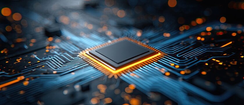 A close-up shot showcases an illuminated central processing unit on a complex circuit board
