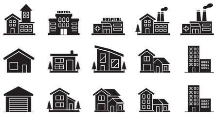 Fototapeta premium House, apartment and hotel icon set, Modern house and building icon vector set for real estate projects, Smart home, factory, hospital, building vector art pack, vector icon
