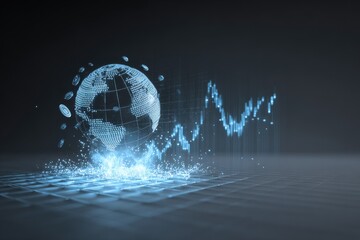 A digital rendering of a glowing Earth with rising stock graph over a grid with coins floating