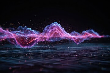 Abstract, glowing waveform of color and light hovering over a textured plane, in deep space