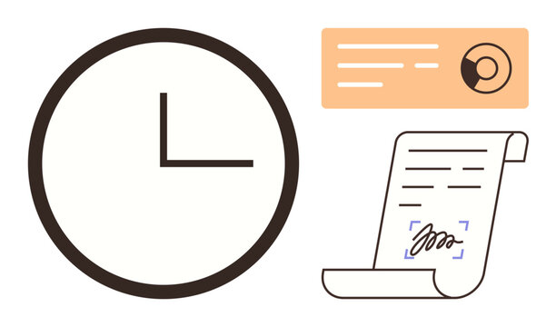 Large clock, signed scroll document, and data card emphasizing time management, legal contracts, deadlines, organization, workflow planning, productivity and efficiency. Simple flat metaphor