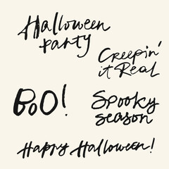 Vector Halloween lettering. Hand-drawn happy holiday set isolated on beige background. Illustration for design, print or background.