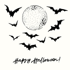 Vector Halloween poster of bats and moon. Hand-drawn happy holiday card isolated on white background. Illustration for design, print or background.