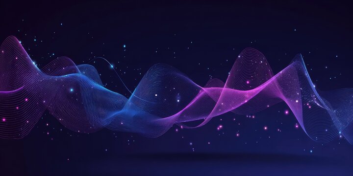 Abstract illustration featuring a swirling, glowing line art with particles in gradients of purple and blue on dark