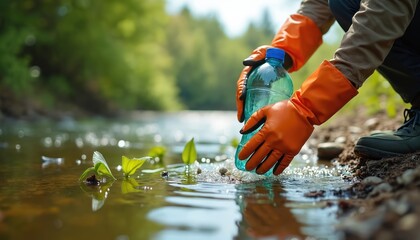 Person in orange gloves collects plastic bottle from shallow stream. Nature cleanup effort helps protect aquatic environment and wildlife. Water pollution awareness action promotes sustainability.