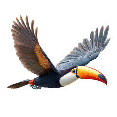 Graceful Toucan Soaring in Flight on Clean White Background