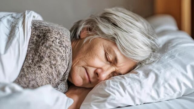 Elderly woman sleeping peacefully in bed under a cozy blanket.