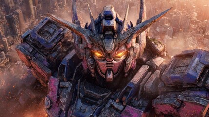 Close up of a futuristic robots face with intense eyes appearing powerful and detailed