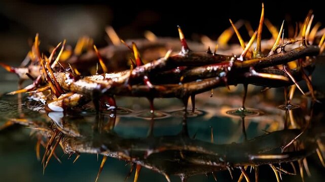 A crown of thorns with long spikes resting on a reflective water surface.