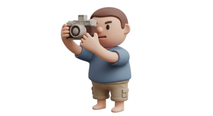 Cartoon Photographer with Camera Brown Hair Blue Shirt Khaki Shorts.