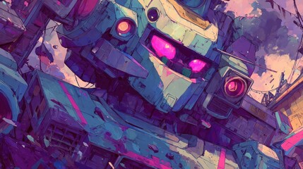 Close up of a brightly colored futuristic robot head with pink glowing eyes in digital art