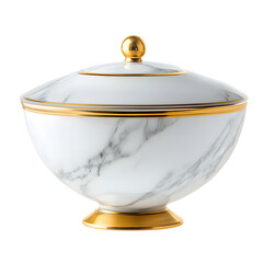Elegant White Marble and Gold Bowl with Lid Isolated on White Background