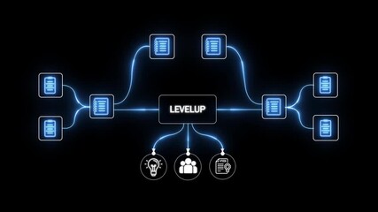 Level Up Concept Flowchart with Glowing Connections and Icons on Black Background progress growth - Powered by Adobe