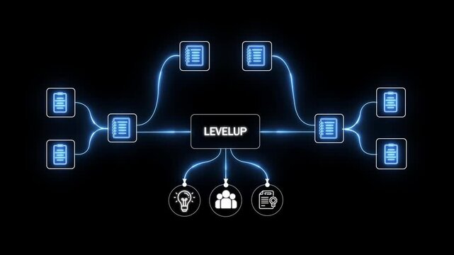 Level Up Concept Flowchart with Glowing Connections and Icons on Black Background progress growth - Powered by Adobe