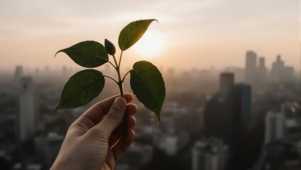 Hand holding a leafy plant against a city skyline at sunset