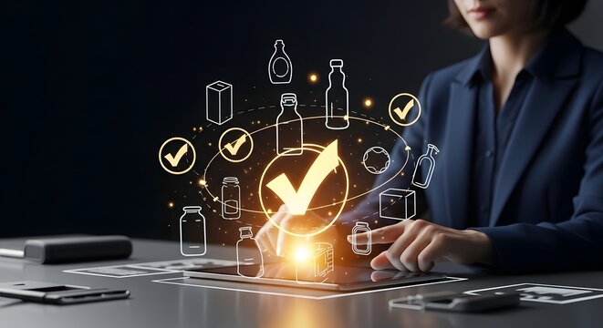 Quality control concept with businesswoman using tablet and product verification icons.