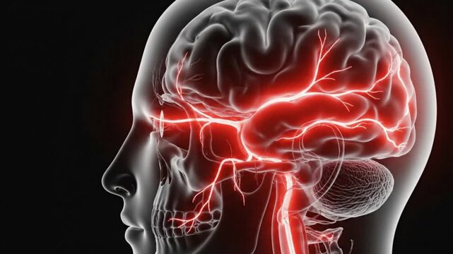 Illustration of a human head with visible brain and red light near the eye area on black background