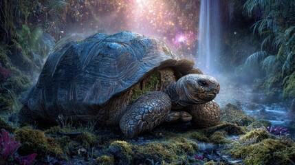 Fantasy artwork depicts large turtle in lush jungle environment with waterfalls and light