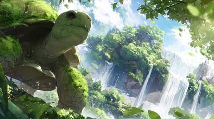Fantasy illustration of a giant turtle with waterfalls and lush green landscapes