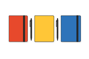 Collection of three colorful closed notebooks with elastic bands and black pens isolated on white