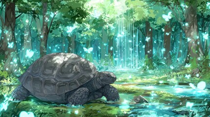 A serene illustration features a large tortoise in a magical forest scene with glowing butterflies