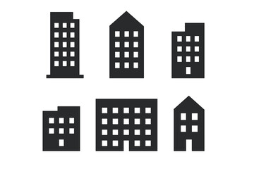 Set of six minimalist black silhouette icons featuring city buildings and modern skyscrapers