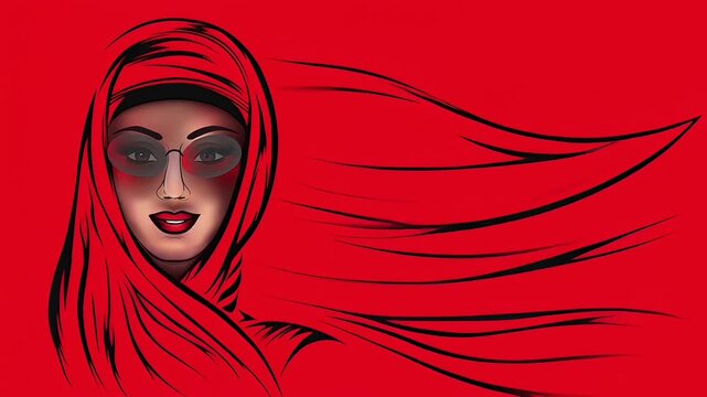 Animated Illustration Of A Beautiful Arabian Woman Wearing Stylish Sunglasses And Traditional Hijab Veil - Red Tone